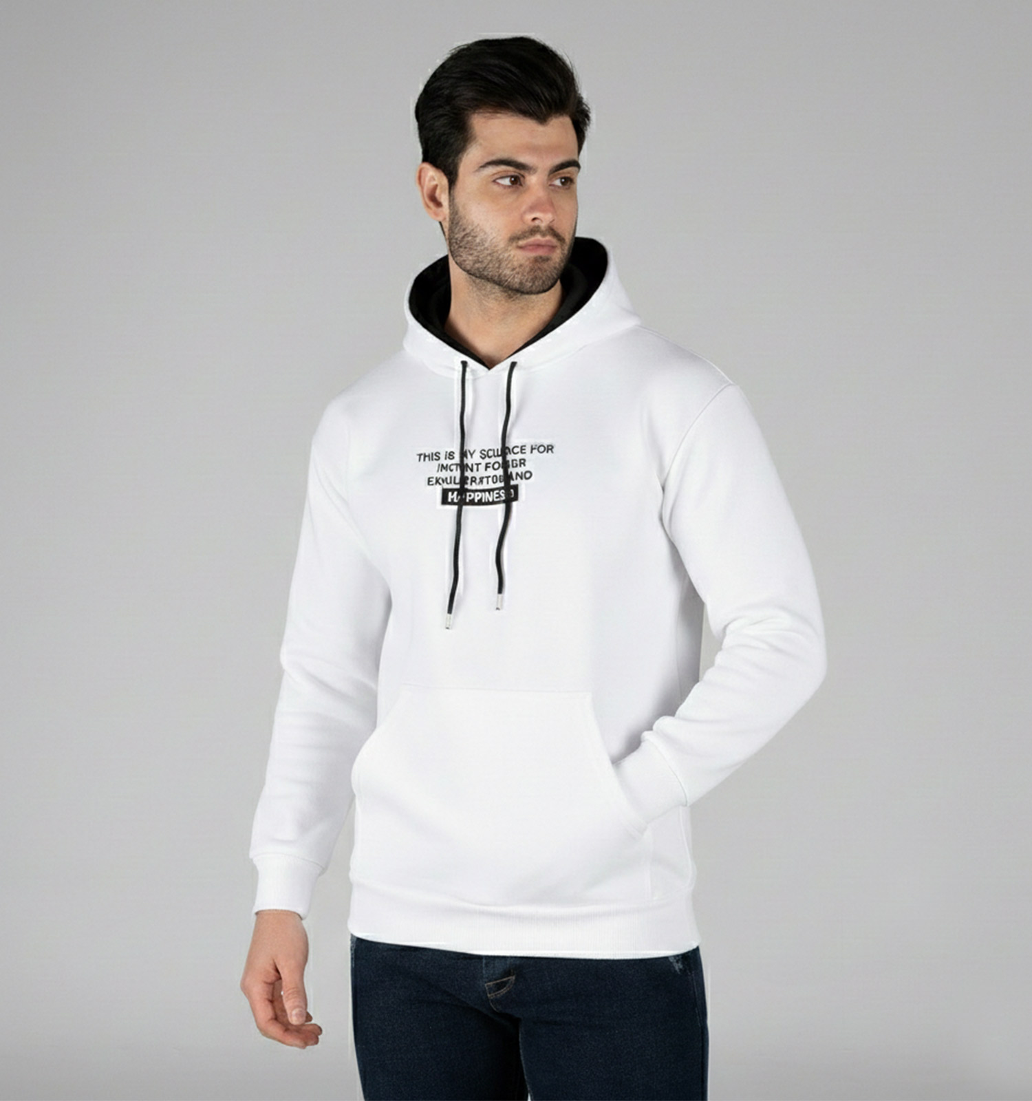 هودی مردانه کلاهدار سفید طرحدار مدل 49308