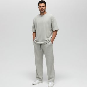 ست مردانه تیشرت شلوار طوسی پارچه کبریتی مدل 49388