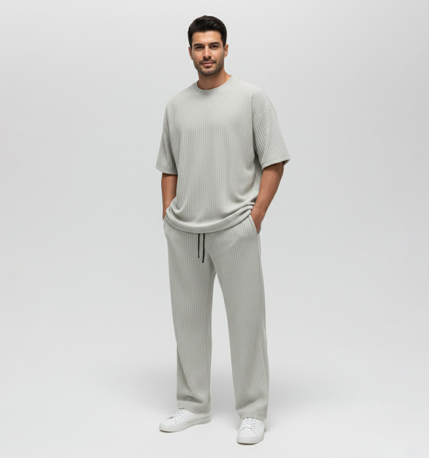 ست مردانه تیشرت شلوار طوسی پارچه کبریتی مدل 49388