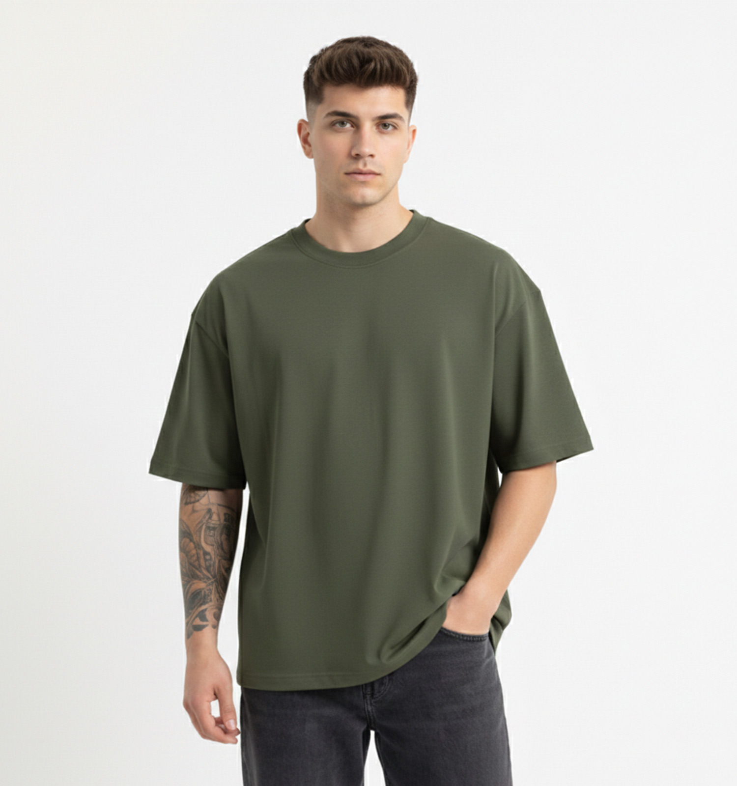 تیشرت یقه گرد مردانه باکسی نخ پنبه بیسیک مدل 49486