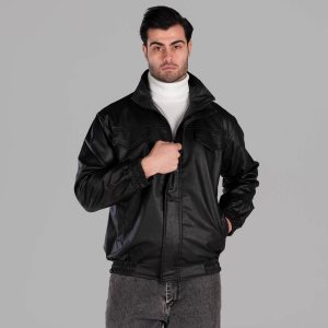 کاپشن اسپرت چرم مصنوعی مردانه مشکی مدل 49356