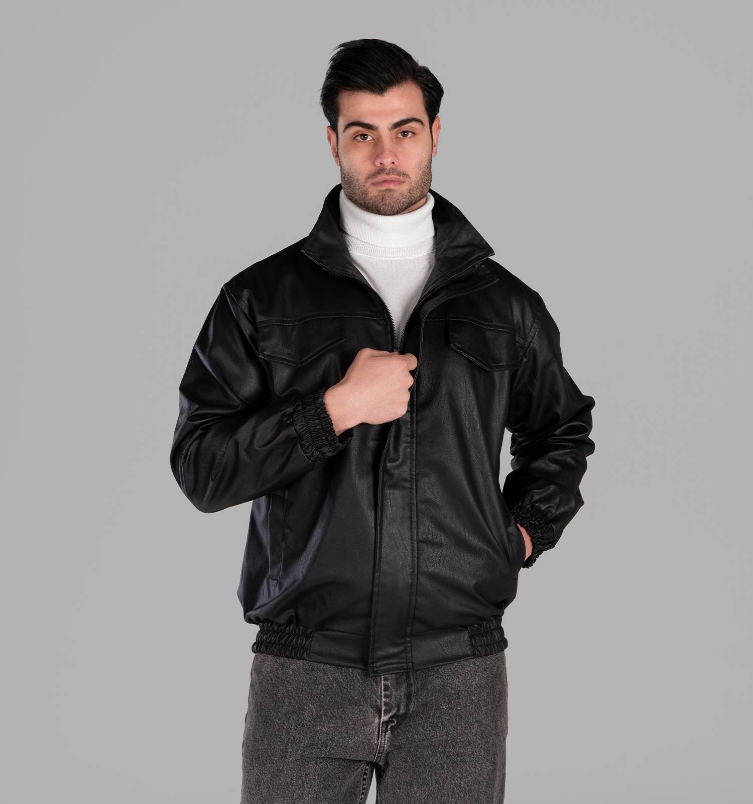 کاپشن اسپرت چرم مصنوعی مردانه مشکی مدل 49356