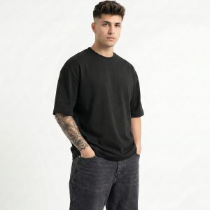 تیشرت یقه گرد مردانه باکسی مشکی نخ پنبه بیسیک مدل 49483