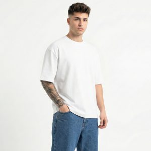 تیشرت یقه گرد مردانه باکسی سفید نخ پنبه بیسیک مدل 49484