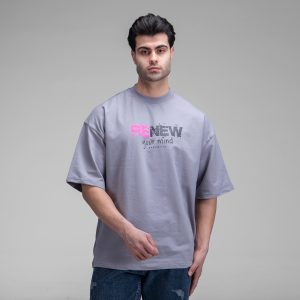تیشرت یقه گرد مردانه باکسی طوسی ماکان طرحدار مدل 49527