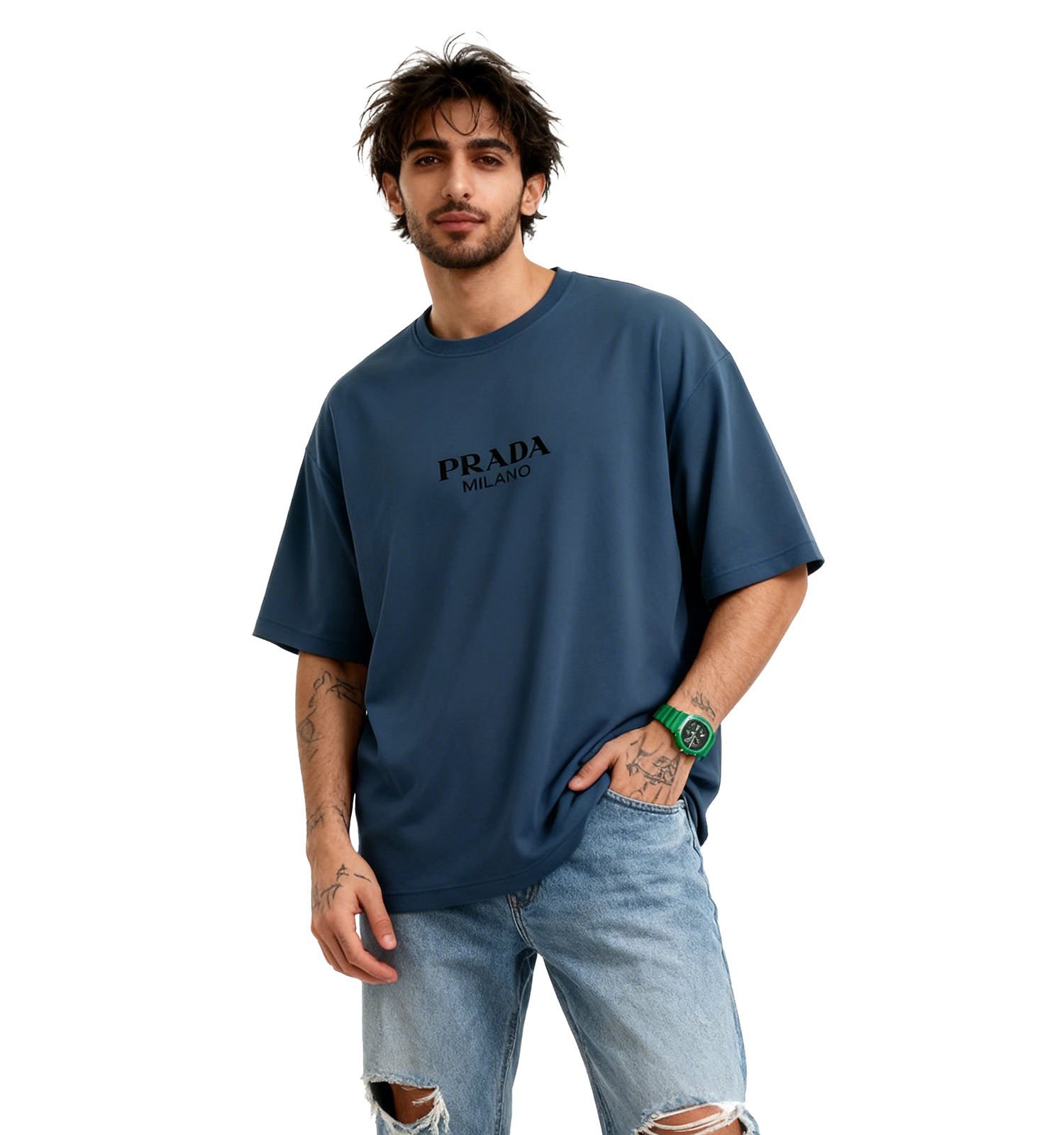 تیشرت Prada یقه گرد مردانه طوسی دورس پنبه طرحدار مدل 49670