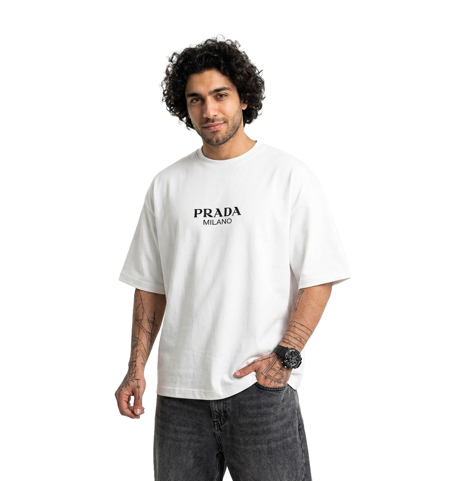 تیشرت Prada یقه گرد مردانه سفید دورس پنبه طرحدار مدل 49668