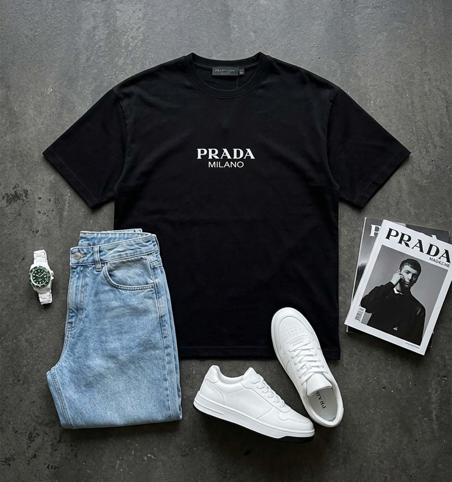 تیشرت Prada یقه گرد مردانه مشکی دورس پنبه طرحدار مدل 49673