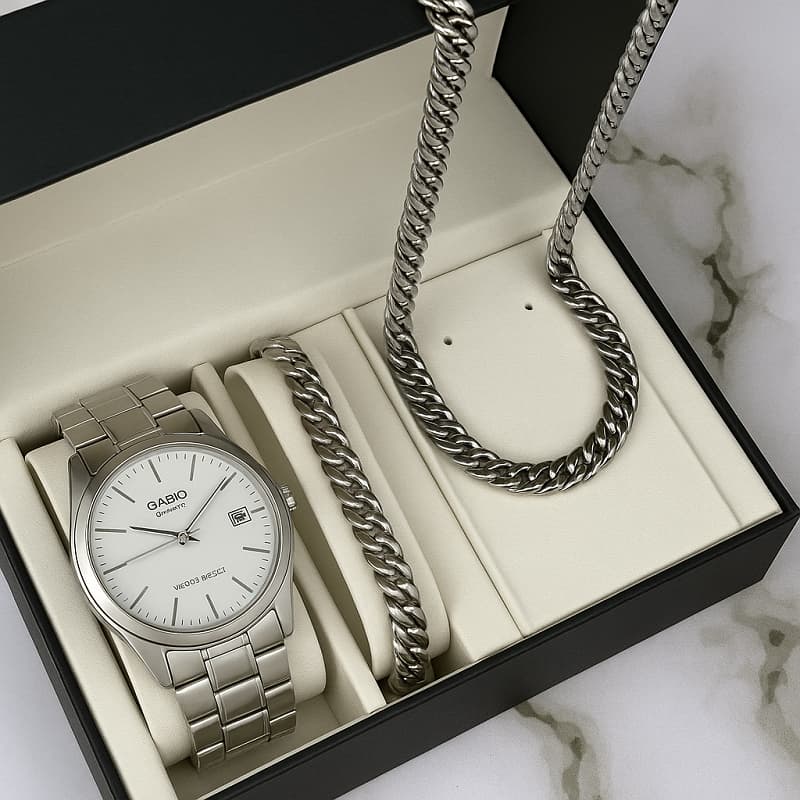 پیکج نیم ست نقره ای Cartier ساعت رولکس نقره ای صفحه مشکی مدل Oyster