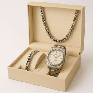 پیکج نیم ست نقره ای Cartier ساعت رولکس نقره ای صفحه مشکی مدل Oyster