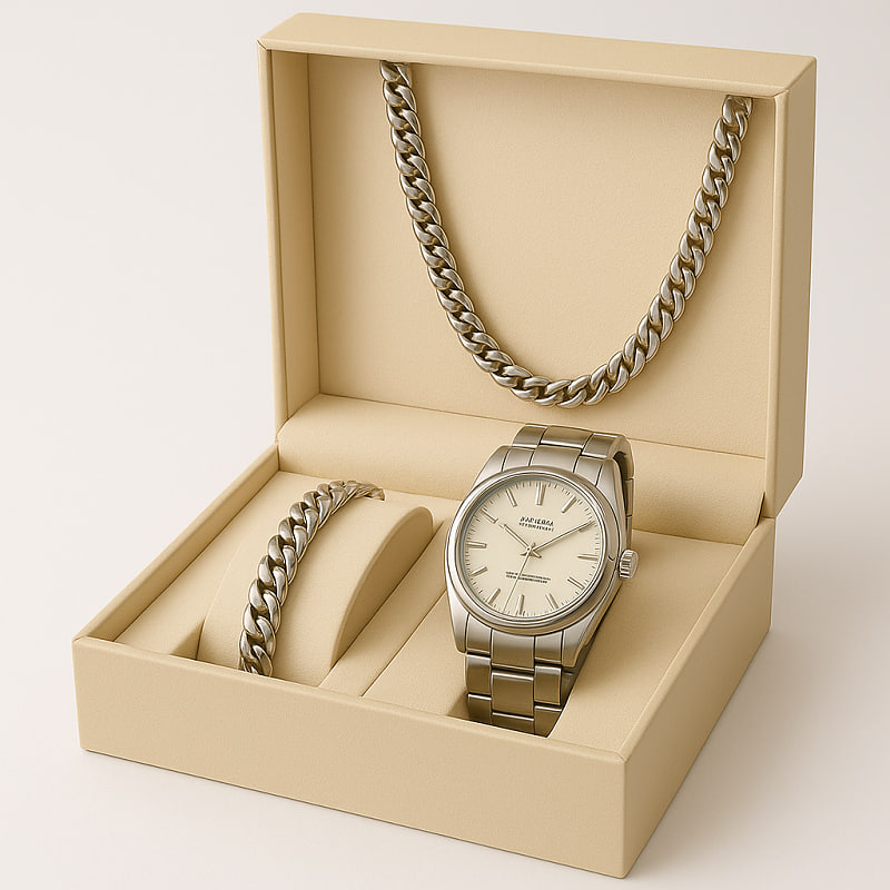 پیکج نیم ست نقره ای Cartier ساعت رولکس نقره ای صفحه مشکی مدل Oyster