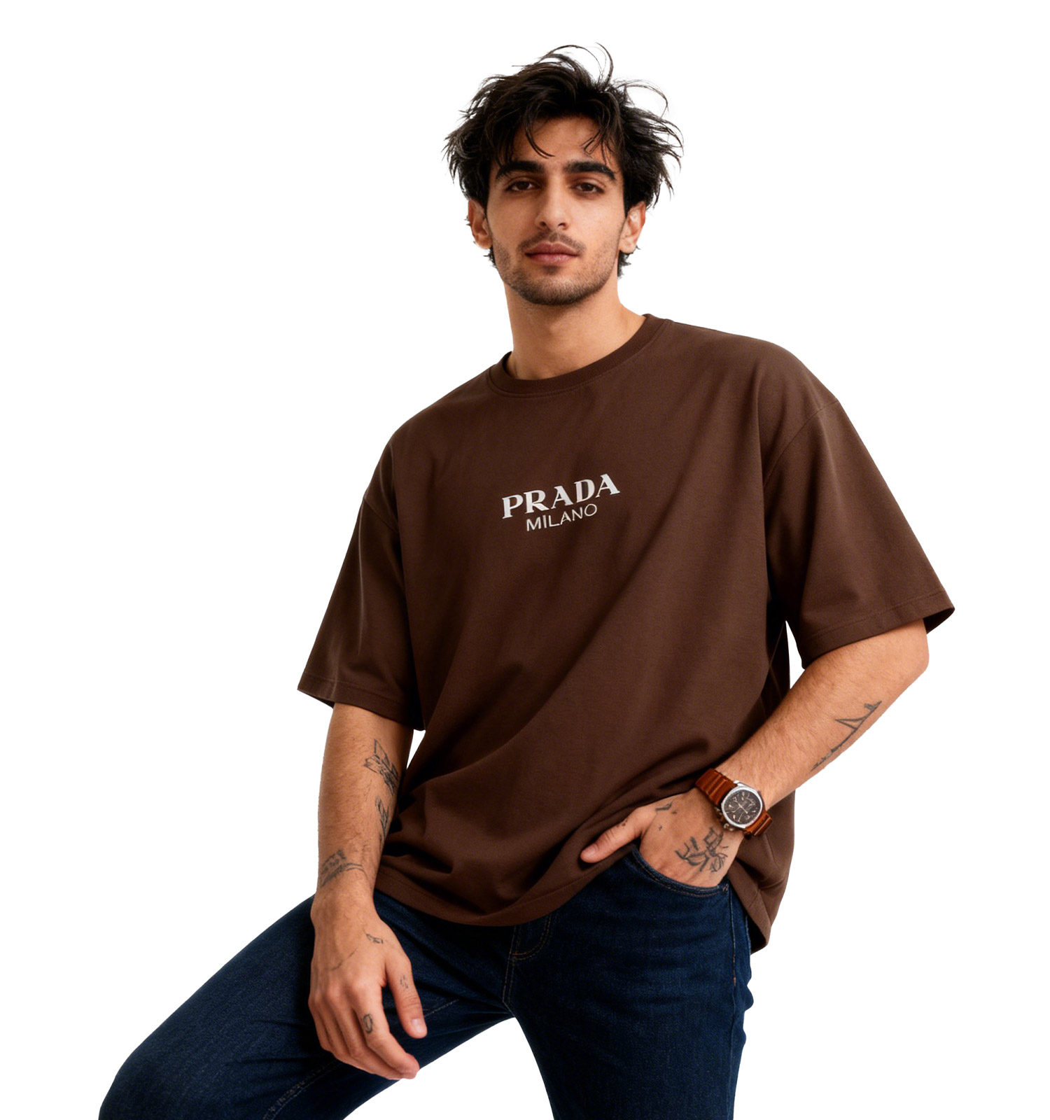 تیشرت Prada یقه گرد مردانه دورس پنبه طرحدار مدل 49669