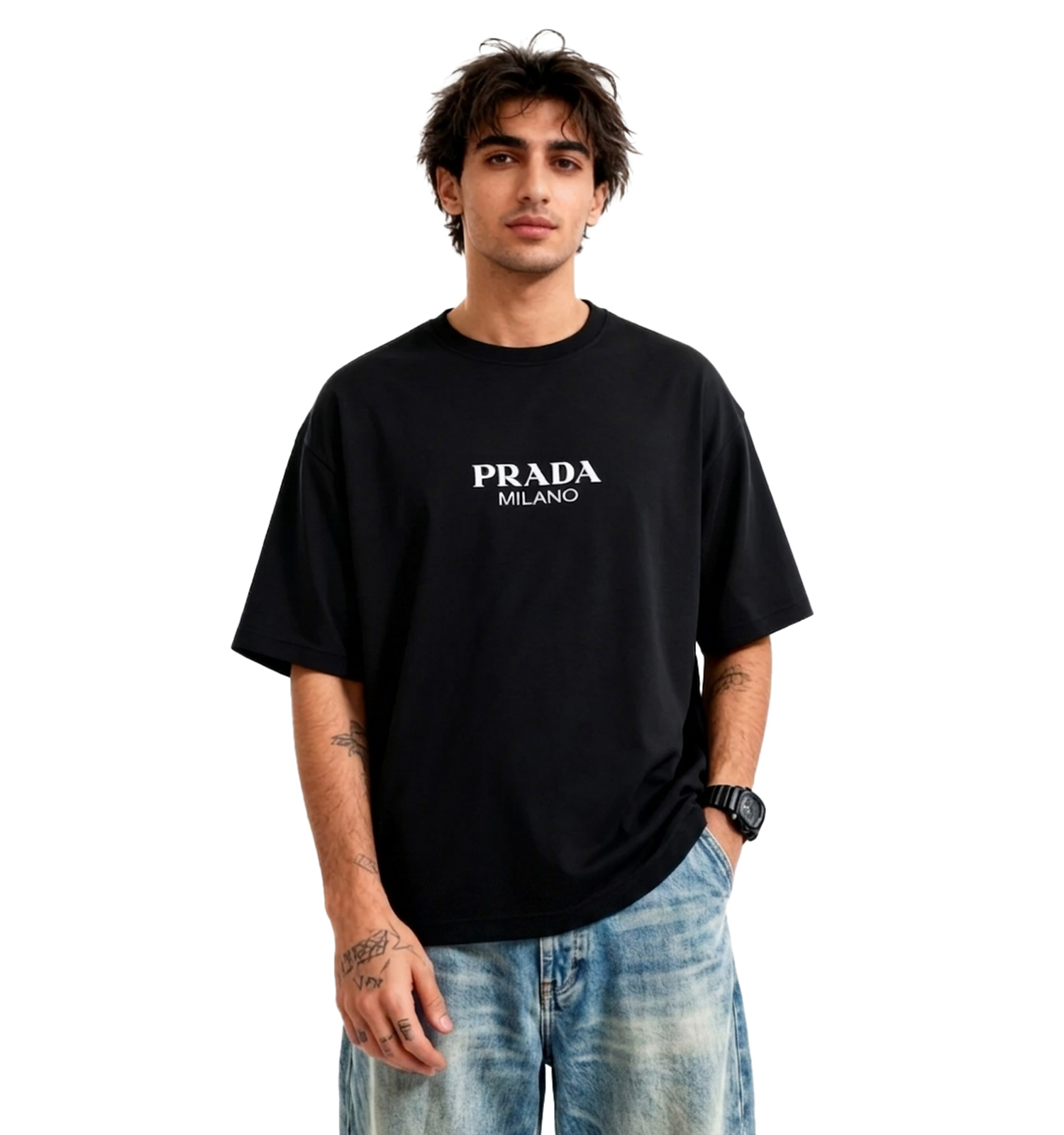 تیشرت Prada یقه گرد مردانه مشکی دورس پنبه طرحدار مدل 49673