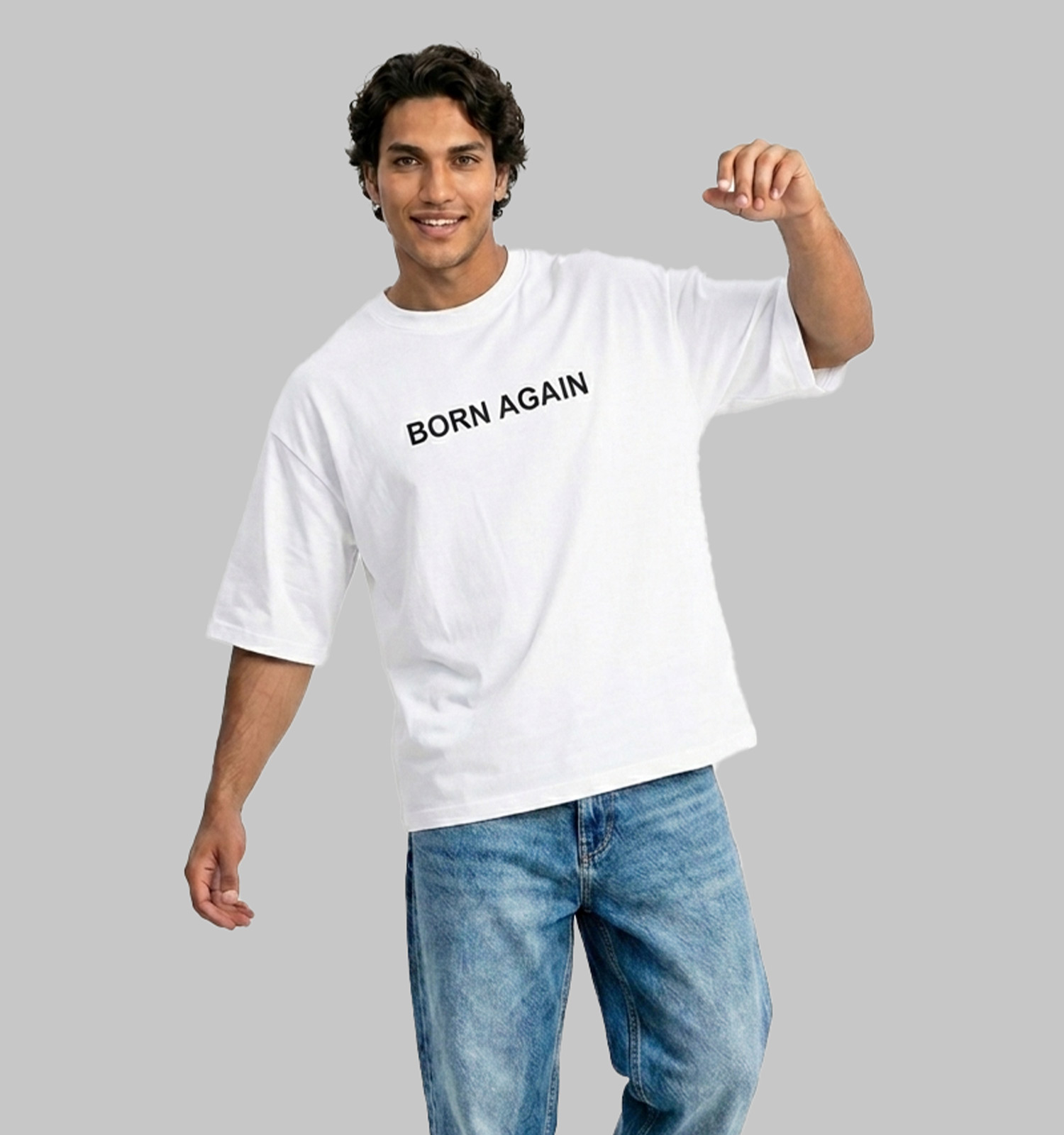 تیشرت یقه گرد مردانه سفید باکسی نخ پنبه طرحدار مدل 49706