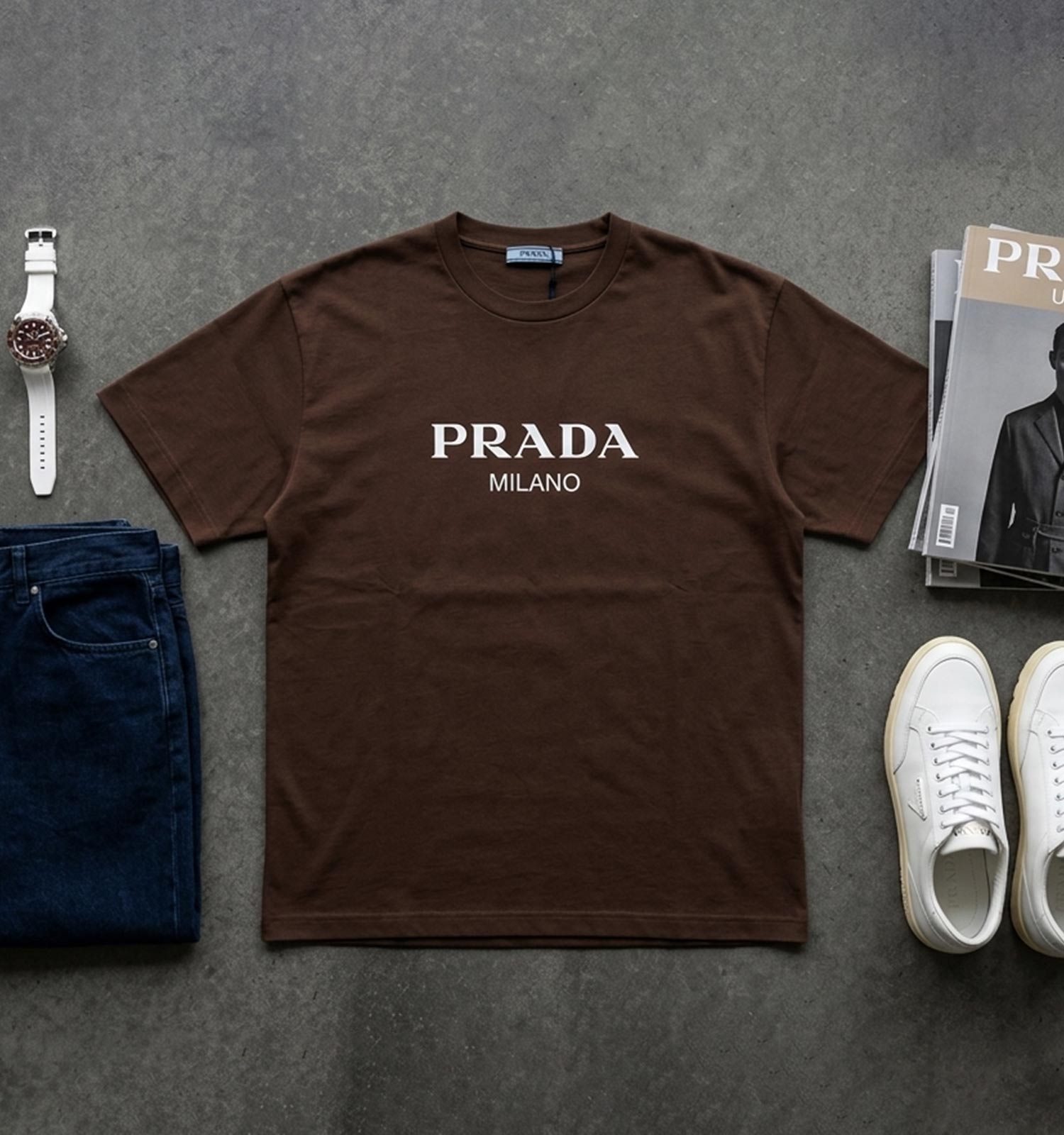 تیشرت Prada یقه گرد مردانه دورس پنبه طرحدار مدل 49669