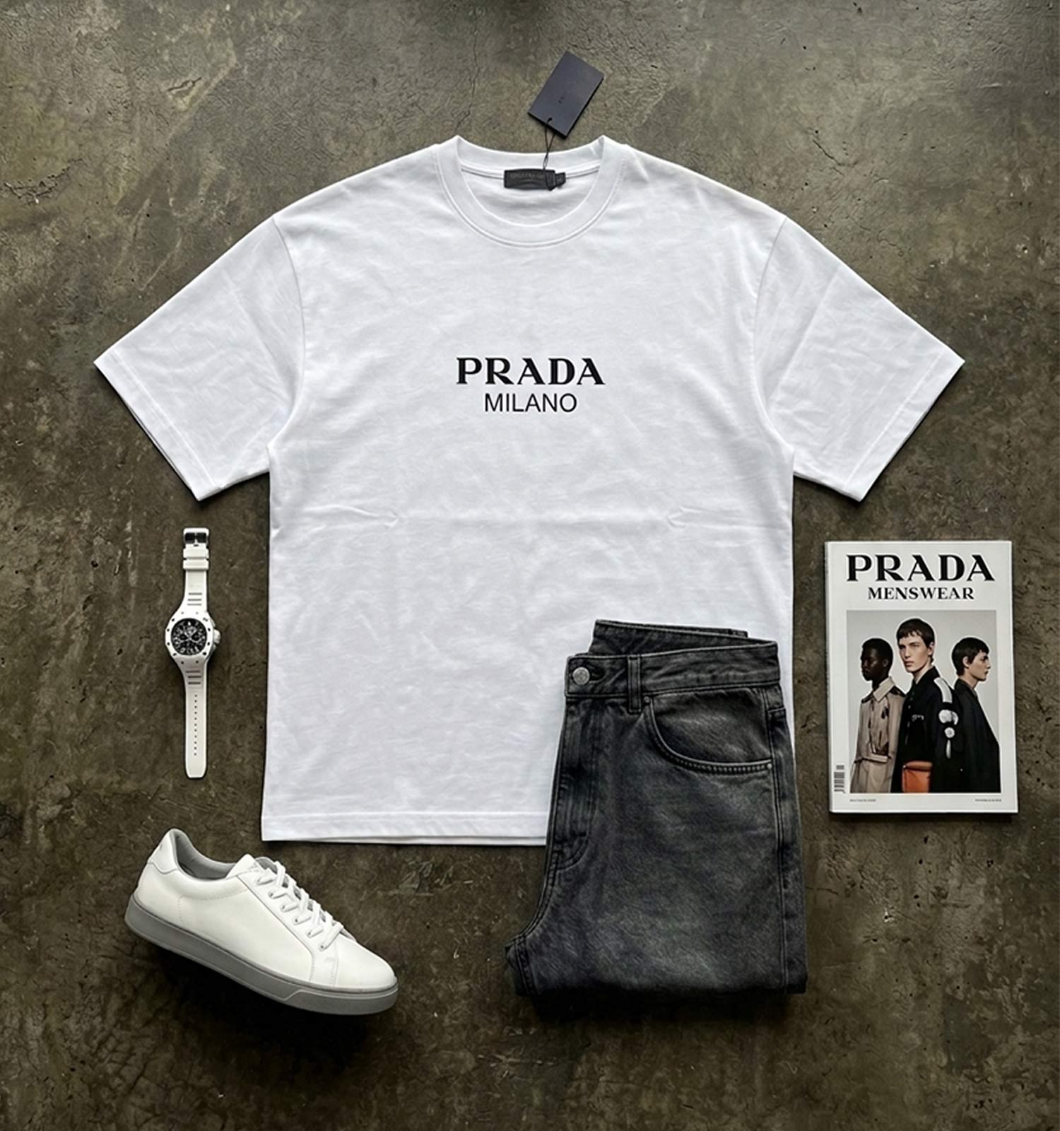 تیشرت Prada یقه گرد مردانه سفید دورس پنبه طرحدار مدل 49668