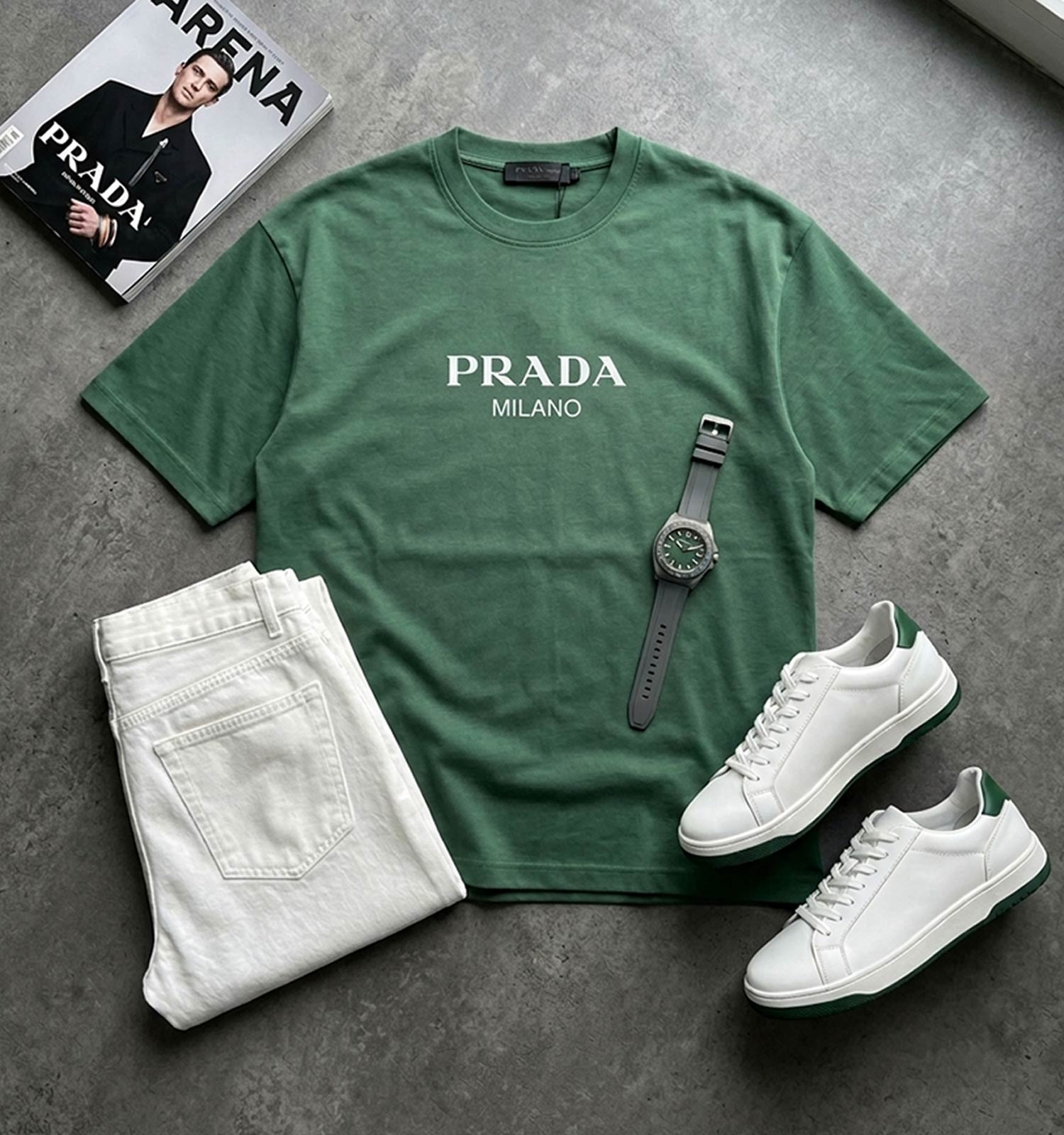 تیشرت Prada یقه گرد مردانه دورس پنبه طرحدار مدل 49671