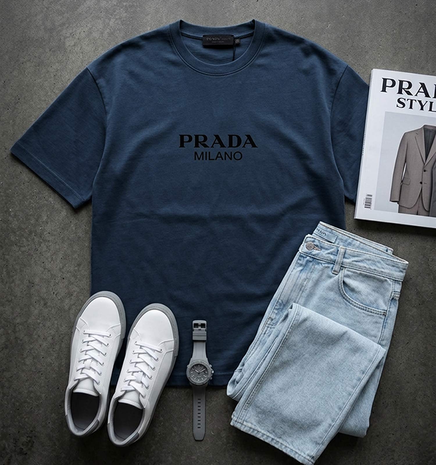 تیشرت Prada یقه گرد مردانه طوسی دورس پنبه طرحدار مدل 49670