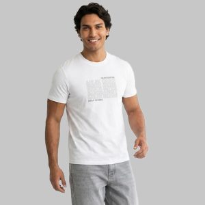 تیشرت یقه گرد مردانه سفید نخ پنبه طرحدار مدل 50007