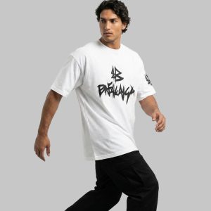 تیشرت Balenciaga یقه گرد مردانه باکسی سفید نخ پنبه طرحدار مدل 50084