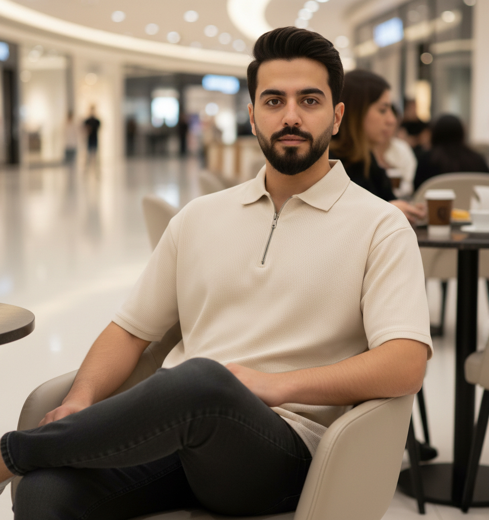 تیشرت مردانه یقه زیپ دار کرم مدل Arban کرم