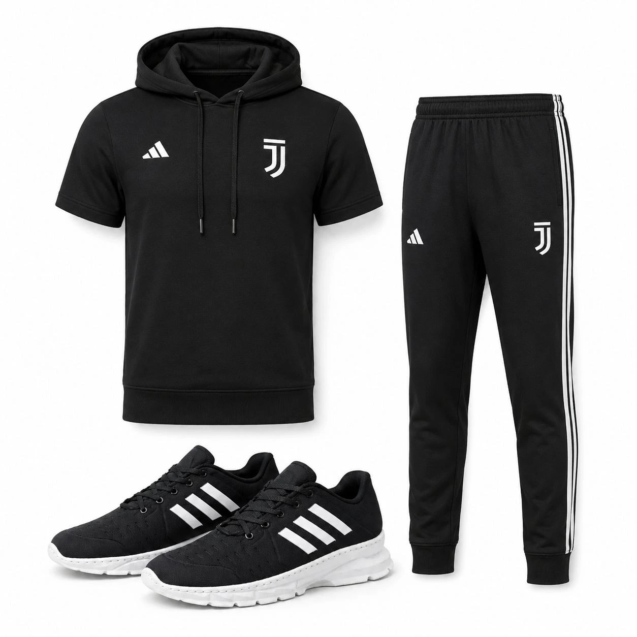 پکیج ست تیشرت کلاهدار شلوار مردانه مدل Juventus کفش ورزشی مردانه مدل Alshen