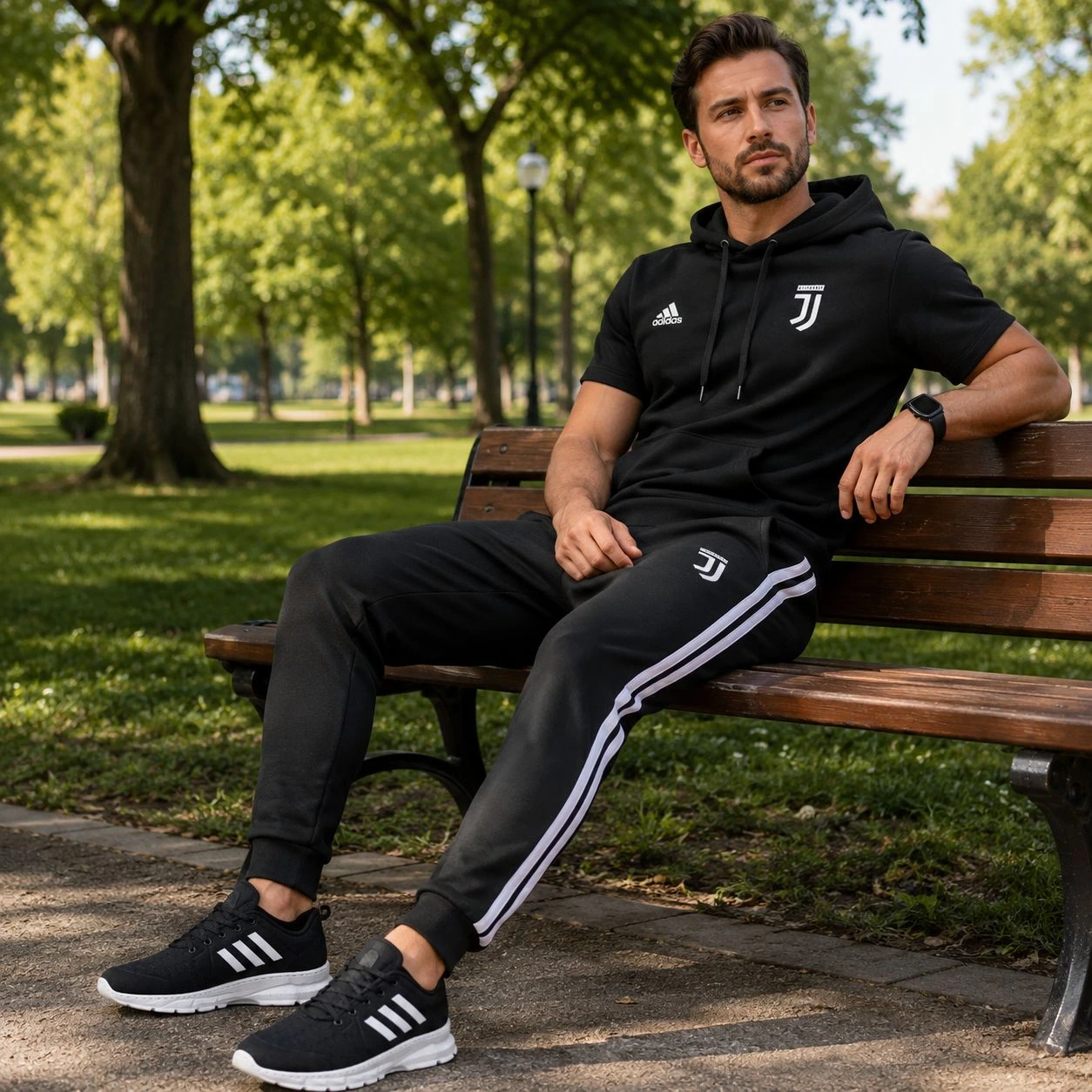 پکیج ست تیشرت کلاهدار شلوار مردانه مدل Juventus کفش ورزشی مردانه مدل Alshen