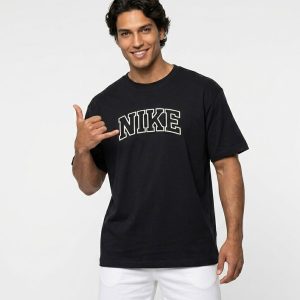 تیشرت Nike یقه گرد مردانه باکسی مشکی نخ پنبه طرحدار مدل 50109