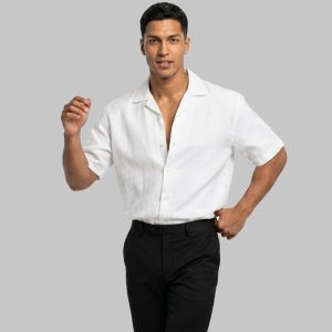 پیراهن کنفی مردانه آستین کوتاه ساده سفید مدل 49893