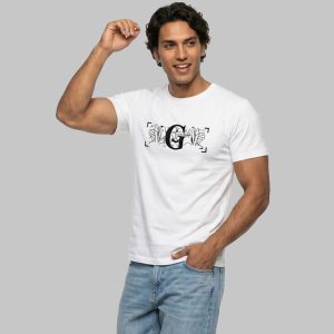 تیشرت یقه گرد مردانه سفید نخ پنبه طرحدار مدل 49986