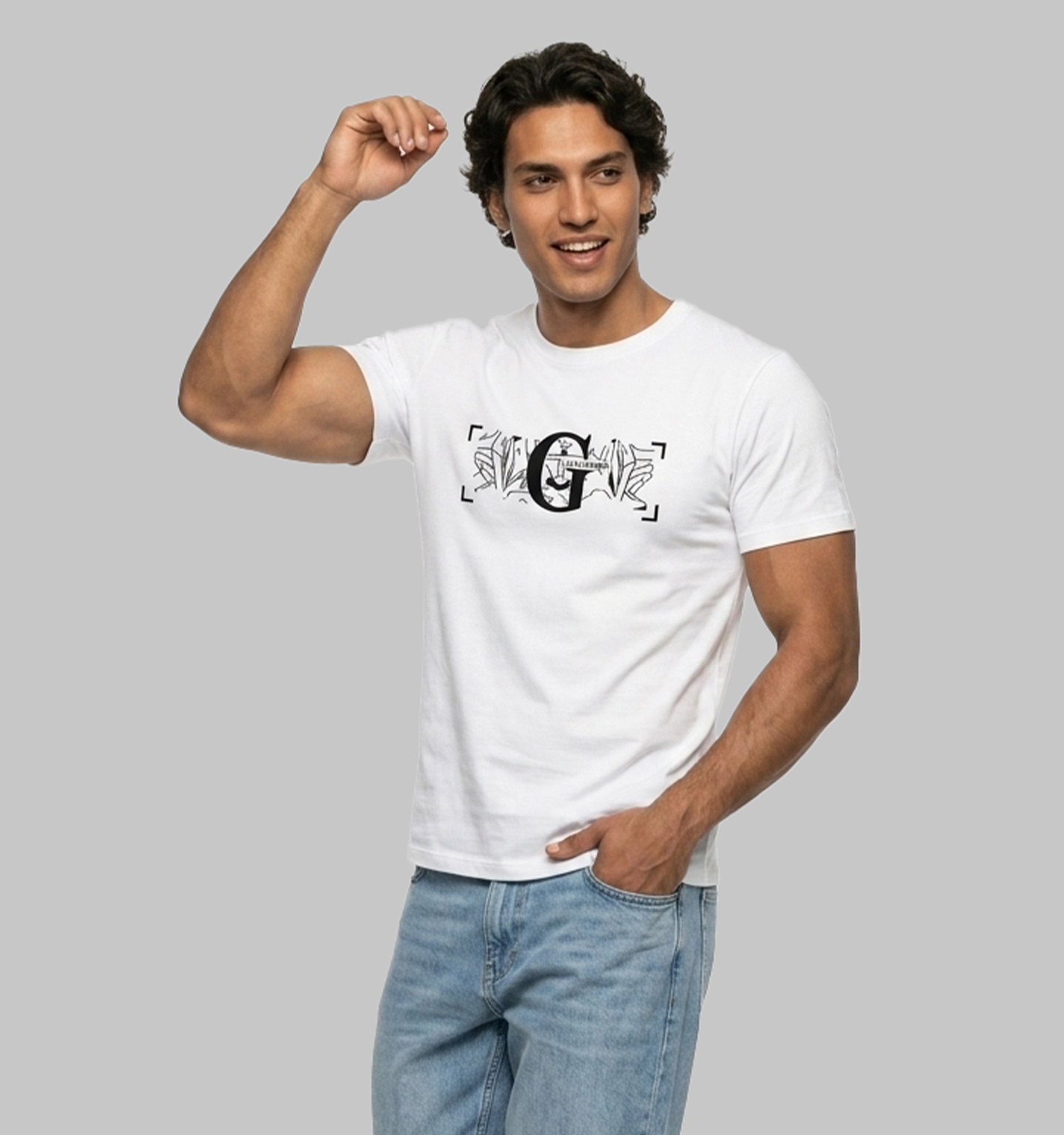 تیشرت یقه گرد مردانه سفید نخ پنبه طرحدار مدل 49986