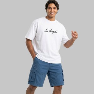 تیشرت یقه گرد مردانه باکسی سفید نخ پنبه طرحدار مدل 50057