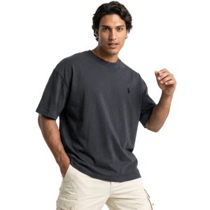 تیشرت Polo یقه گرد مردانه باکسی طوسی نخ پنبه ساده مدل 49994