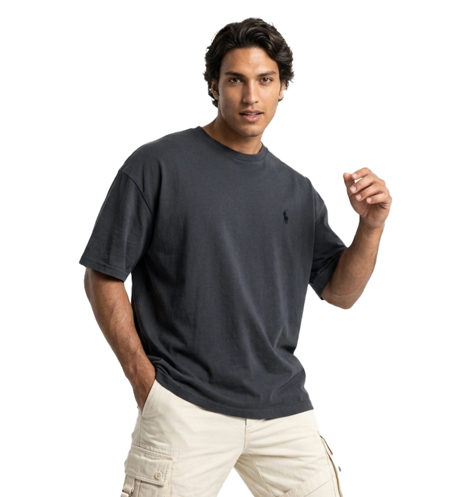تیشرت Polo یقه گرد مردانه باکسی طوسی نخ پنبه ساده مدل 49994