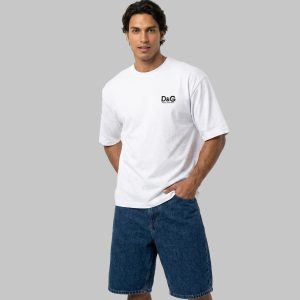 تیشرت D&G یقه گرد مردانه سفید مچینست طرحدار مدل 50302