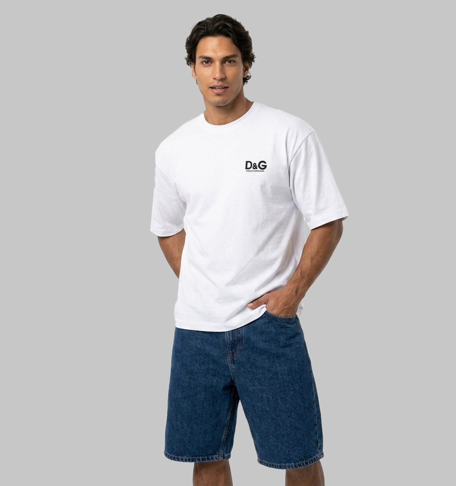 تیشرت D&G یقه گرد مردانه سفید مچینست طرحدار مدل 50302