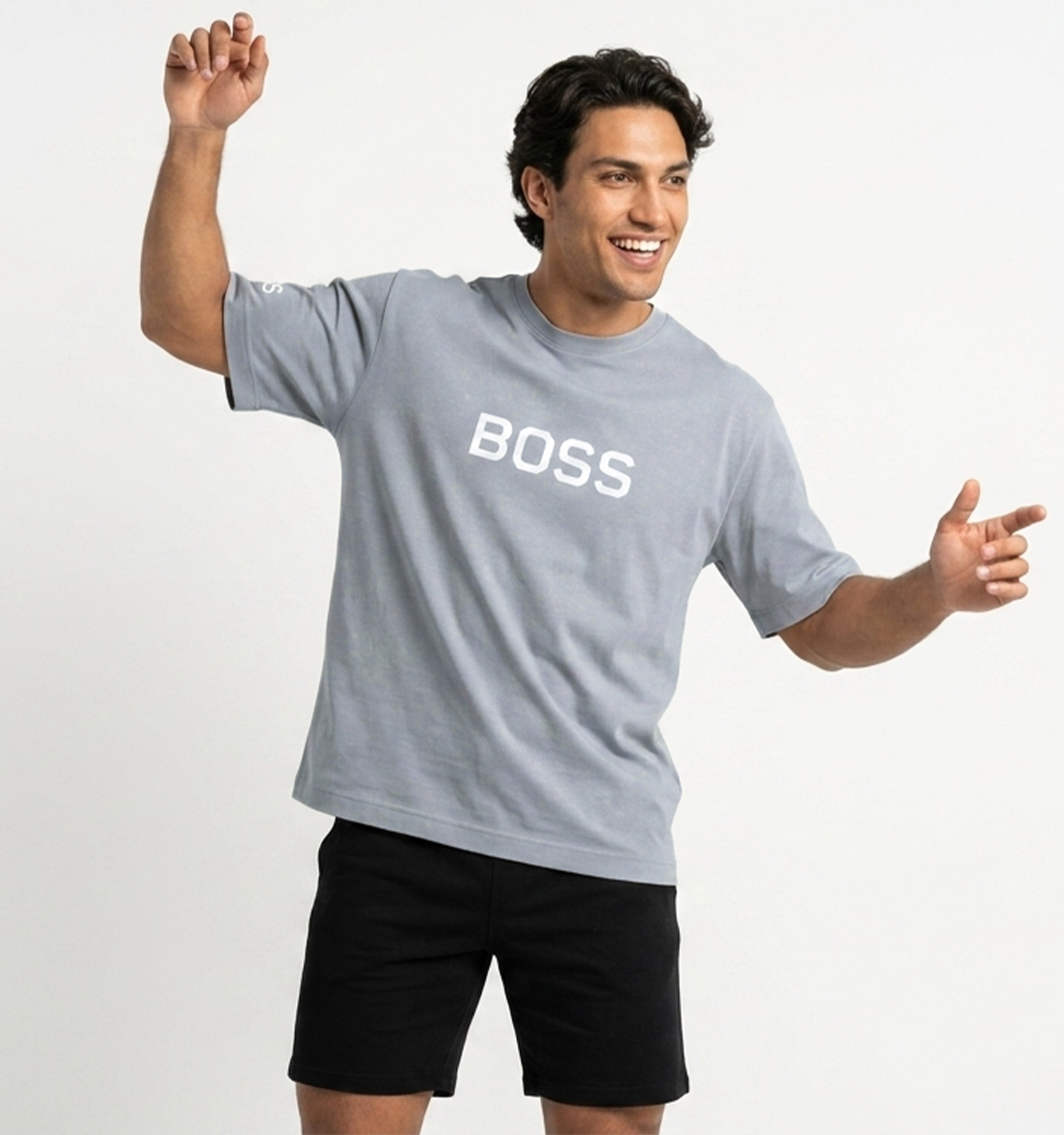 تیشرت Boss یقه گرد مردانه طوسی نخ پنبه طرحدار مدل 50201