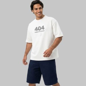 تیشرت یقه گرد مردانه باکسی سفید دورس پنبه طرحدار مدل 50194
