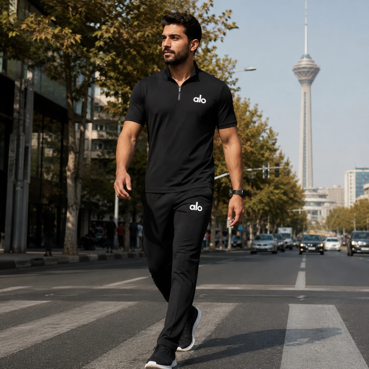 ست مردانه نیم زیپ شلوار مدل alo مشکی