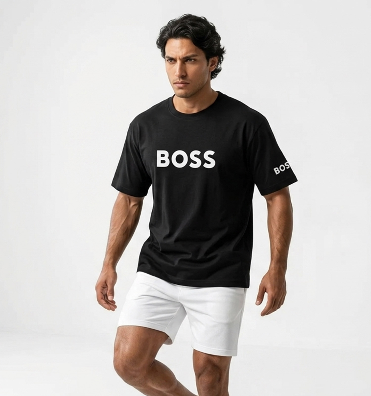 تیشرت Boss یقه گرد مردانه مشکی نخ پنبه طرحدار مدل 50199