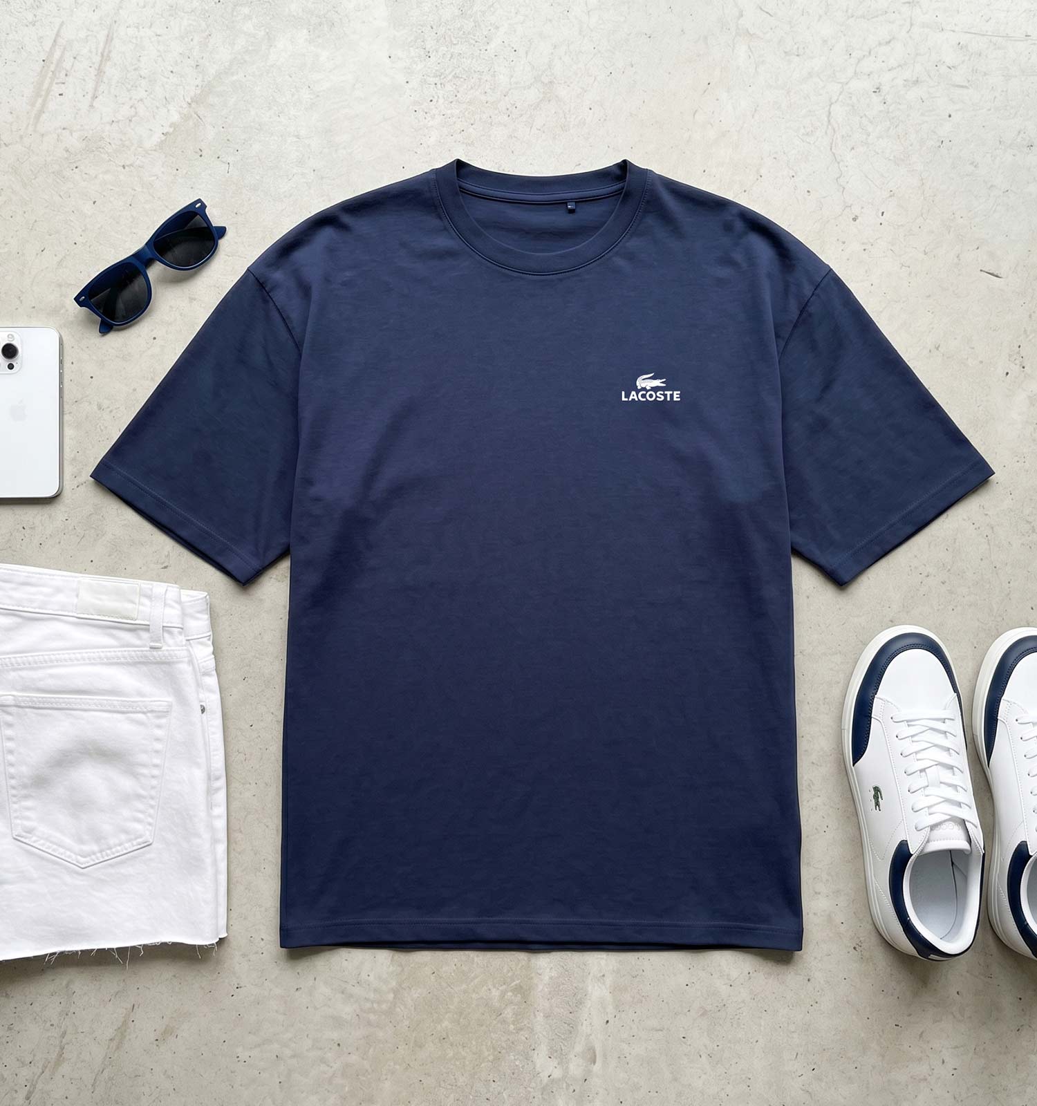 تیشرت Lacoste یقه گرد مردانه باکسی سرمه ای مدل 50432