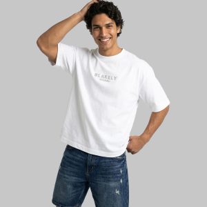 تیشرت یقه گرد مردانه باکسی سفید دورس پنبه طرحدار مدل 50181