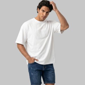 تیشرت یقه گرد مردانه باکسی نخ پنبه سفید طرحدار مدل 50462