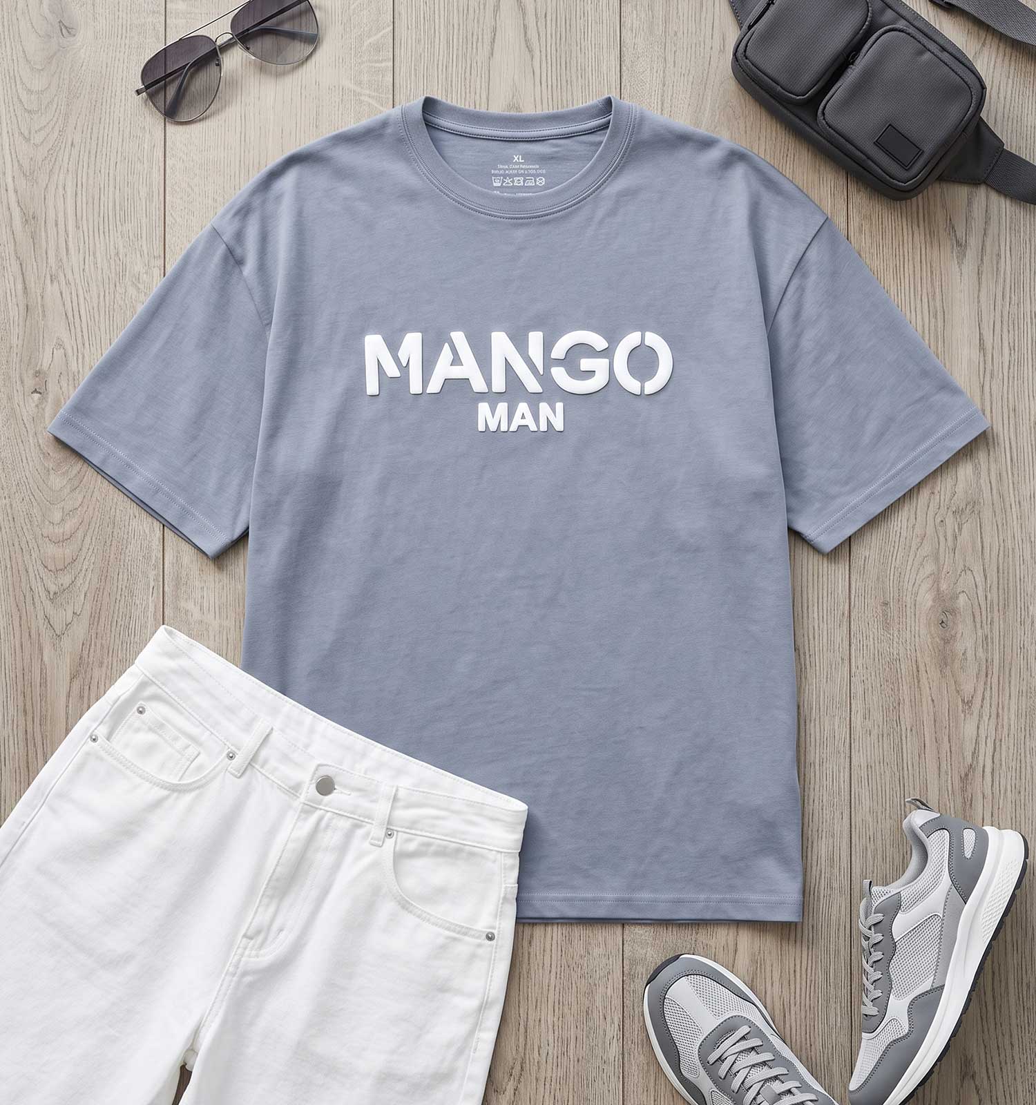 تیشرت یقه گرد مردانه باکسی طرحدار دورس پنبه طوسی Mango مدل 50816