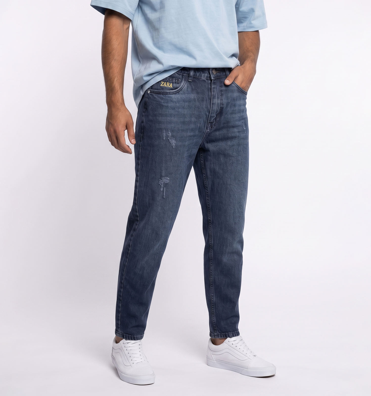 شلوار مردانه مام فیت ساده جین آبی تیره Zara مدل 50825
