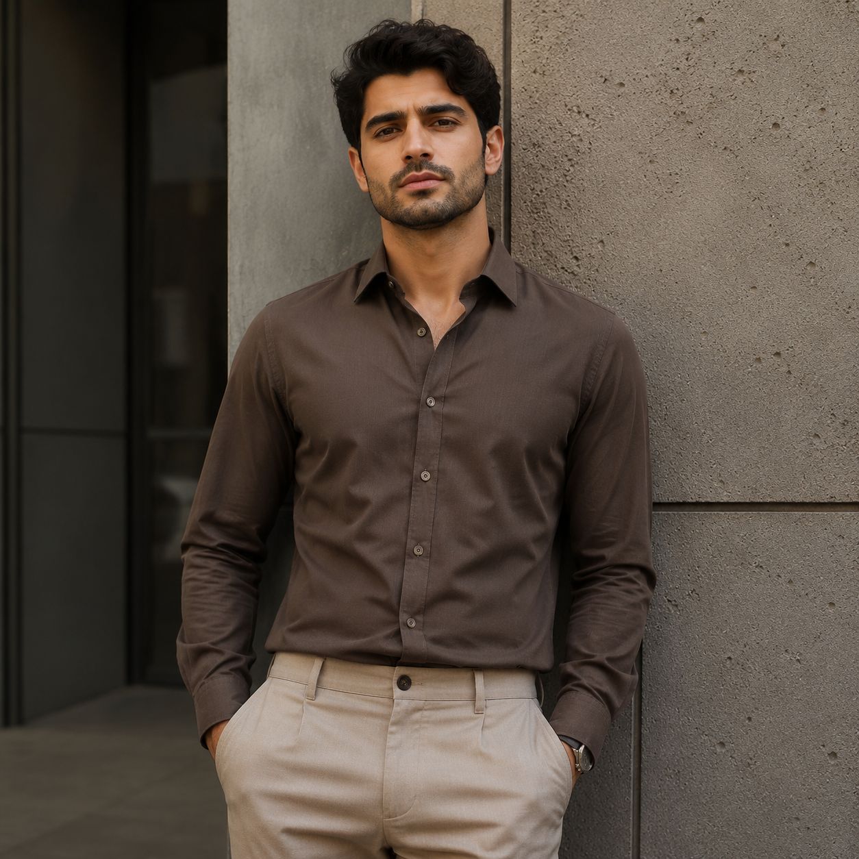 پیراهن آستین بلند نخی مدل P790 قهوه ای