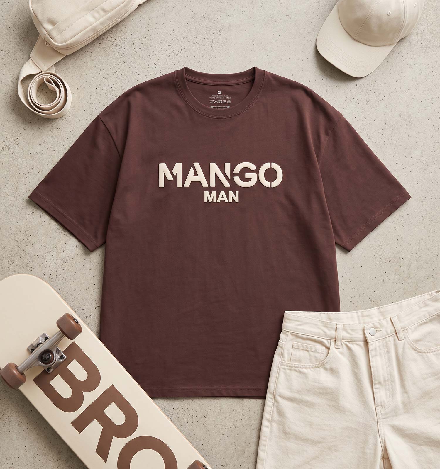 تیشرت یقه گرد مردانه باکسی طرحدار دورس پنبه شکلاتی Mango مدل 50817