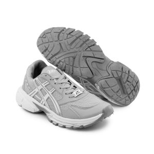 کفش مردانه اسپرت چرم مصنوعی طوسی سفید Asics مدل 50702