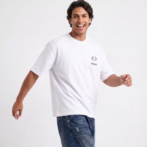 تیشرت یقه گرد مردانه باکسی طرحدار پنبه یک رو سفید مدل 50622