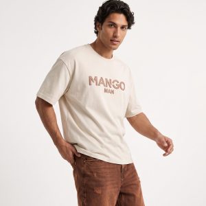 تیشرت یقه گرد مردانه باکسی طرحدار دورس پنبه کرم Mango مدل 50815